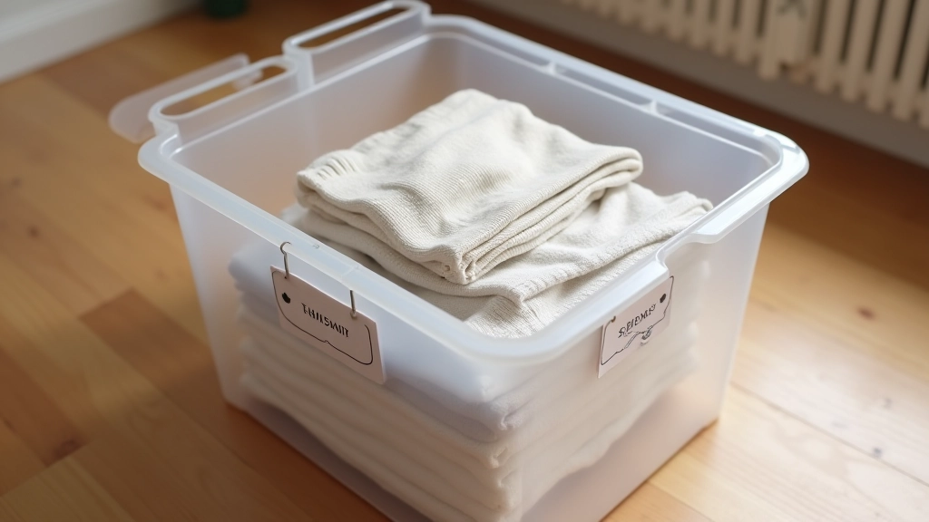 Clear plastic storage containers with labels and folded sweaters visible inside