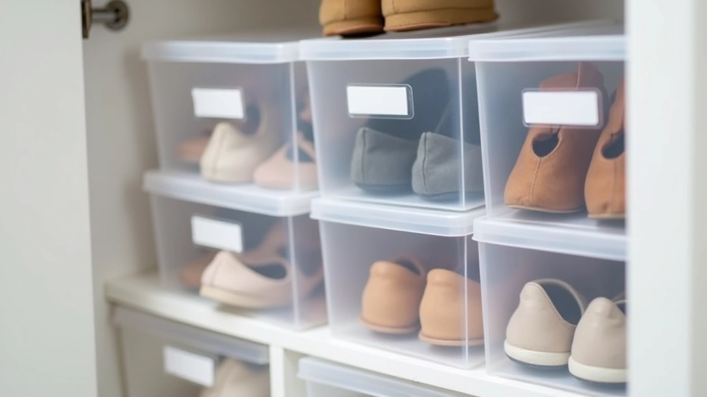 Clear plastic storage boxes labeled with shoe types stacked on closet shelf with organized arrangement