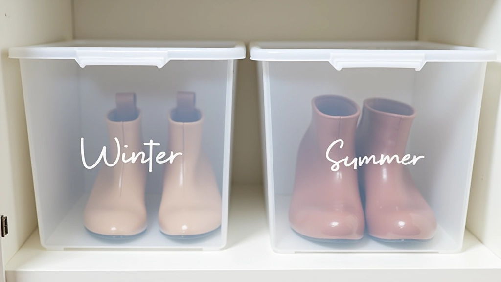 Seasonal shoe storage with winter boots in labeled box and summer sandals organized separately on closet shelf