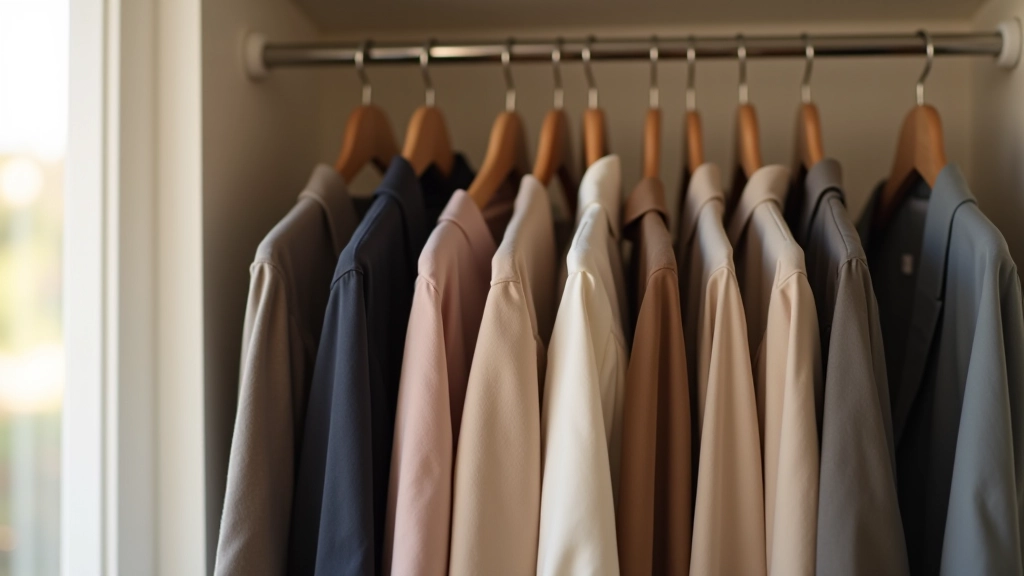 Closet rod with hanging spring and autumn clothing transition pieces like cardigans and light jackets