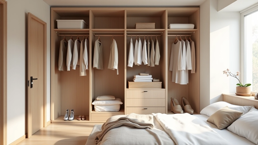 Modern minimalist bedroom with organized closet and neatly arranged clothing