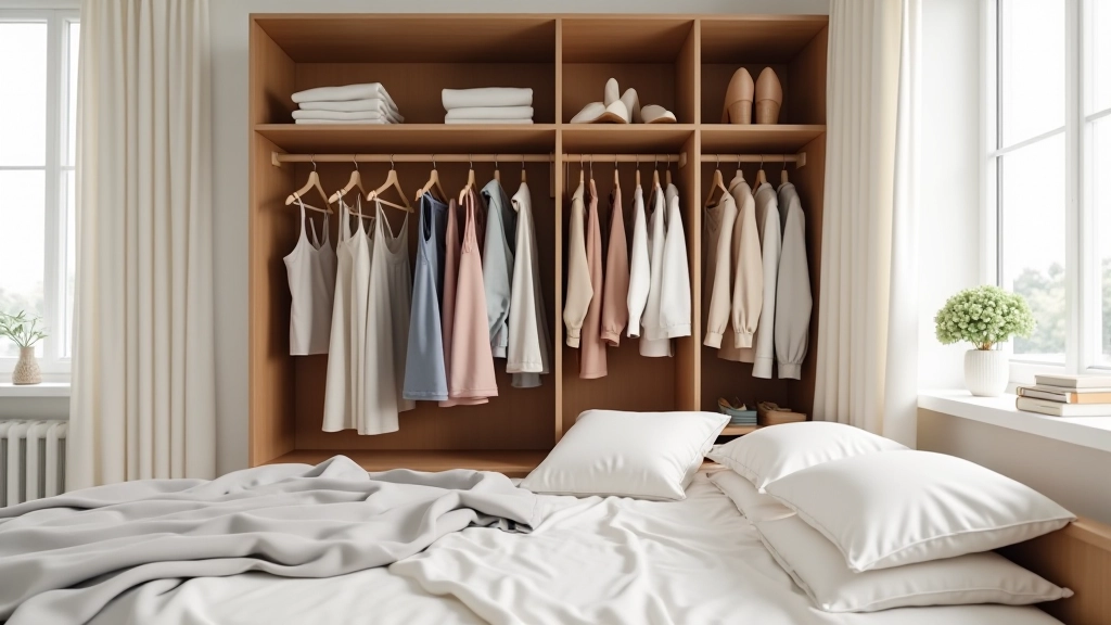 Organized wardrobe space with vertical storage solutions and systematic clothing arrangement