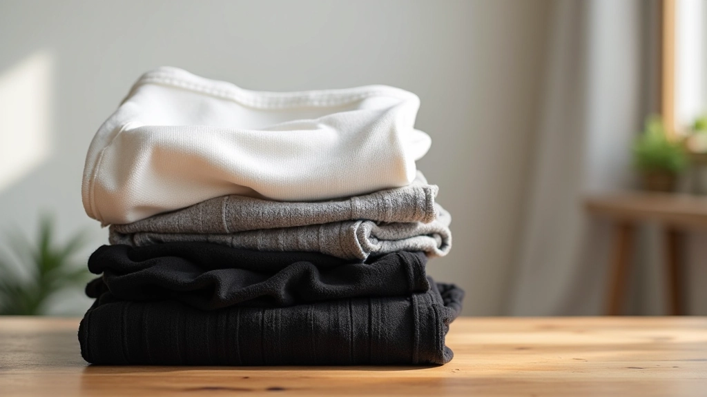 Folded neutral-colored clothing basics including white, black, and gray garments stacked neatly on a light wooden surface, showing quality construction