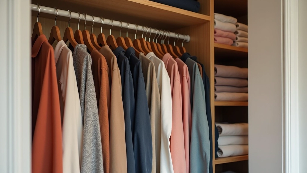 Organized closet with color-coordinated clothing on hangers