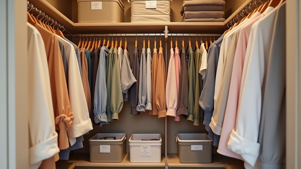 Professional closet organization system with color-coded clothing and labeled storage