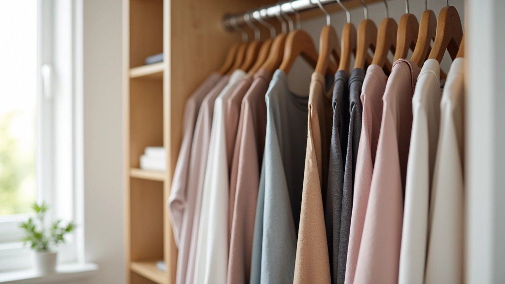 Organized closet with hanging clothes neatly arranged by color on wooden hangers