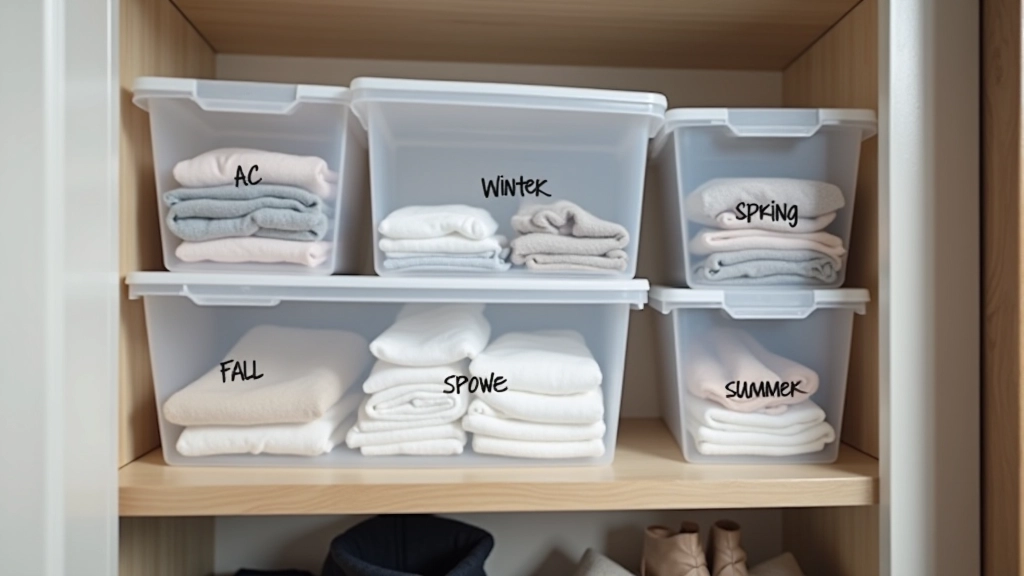Seasonal clothing storage bins labeled by season stacked in organized closet space