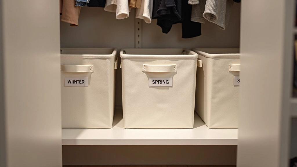 Labeled storage bins containing off-season clothing, organized by season