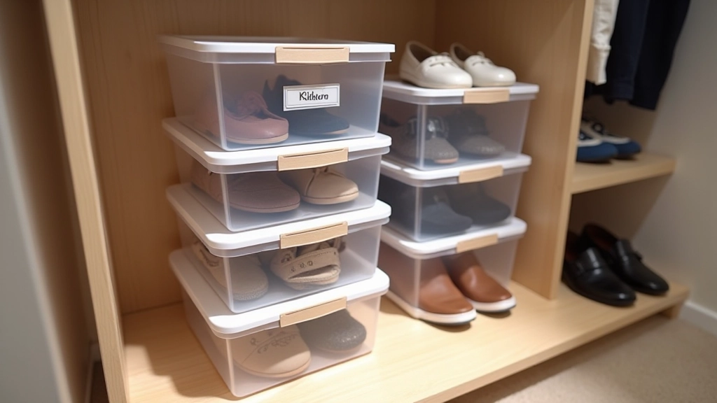 Shoe organization system with clear boxes and labeled storage on closet floor