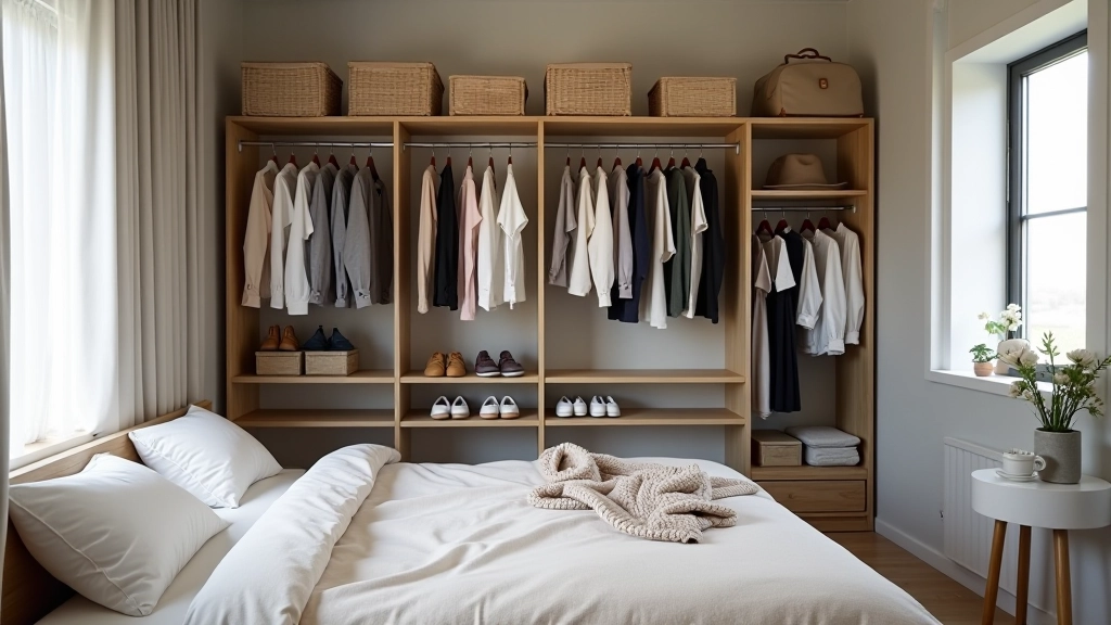 Complete bedroom with multiple vertical storage solutions showing organized shelves, hanging rods, and storage boxes