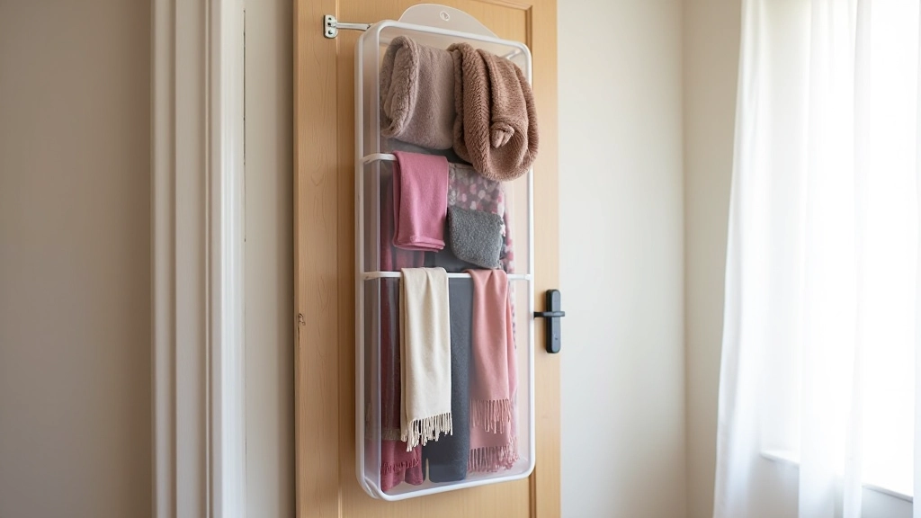 Over-door hanging organizer with multiple pockets storing scarves, belts, and lightweight clothing items