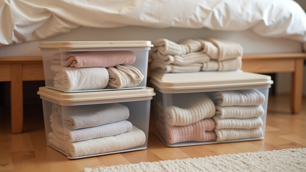 Stackable storage boxes under bed showing seasonal clothing organized by category