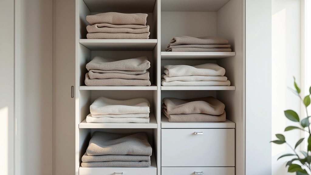 Vertical shelving system in small bedroom with neatly folded sweaters and storage boxes