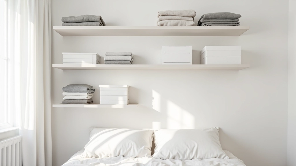 Wall-mounted floating shelves with folded clothing and decorative boxes in bedroom