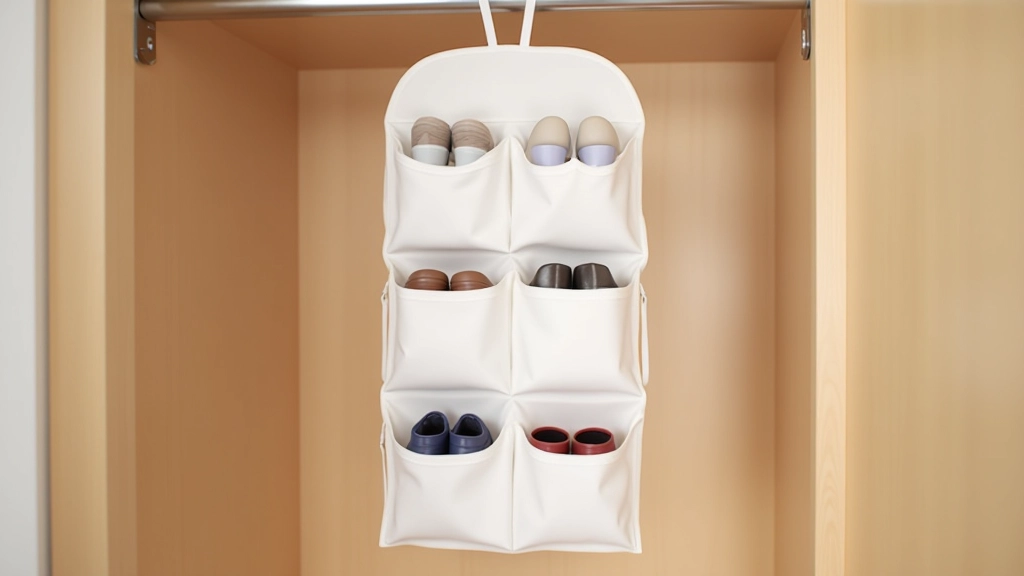 Over-the-door shoe organizer with multiple pockets mounted on white closet door, showing various shoes