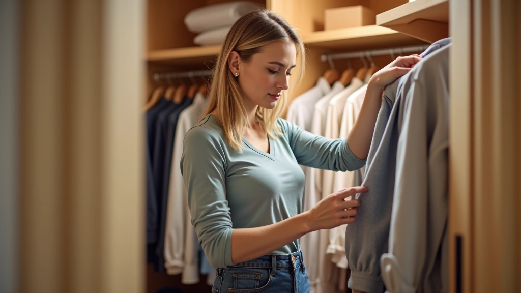 Woman organizing colorful clothing items in a wooden closet organizer with multiple compartments and hanging space