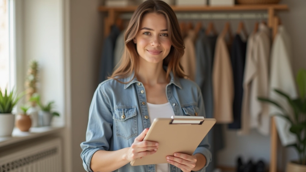 Woman holding clipboard with seasonal clothing swap schedule and calendar on wall