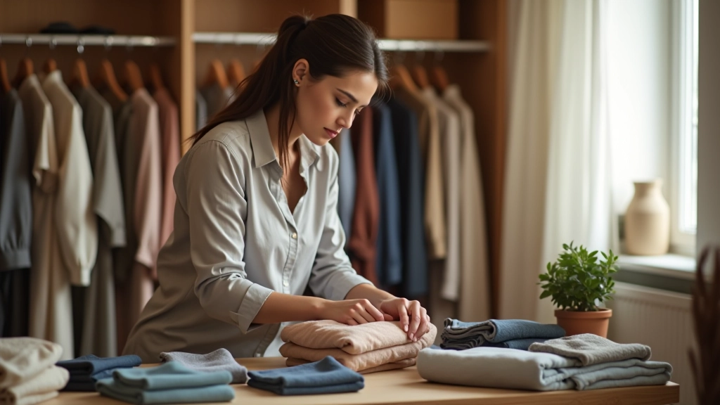 Woman organizing clothes in closet with storage boxes and hanging organizers visible